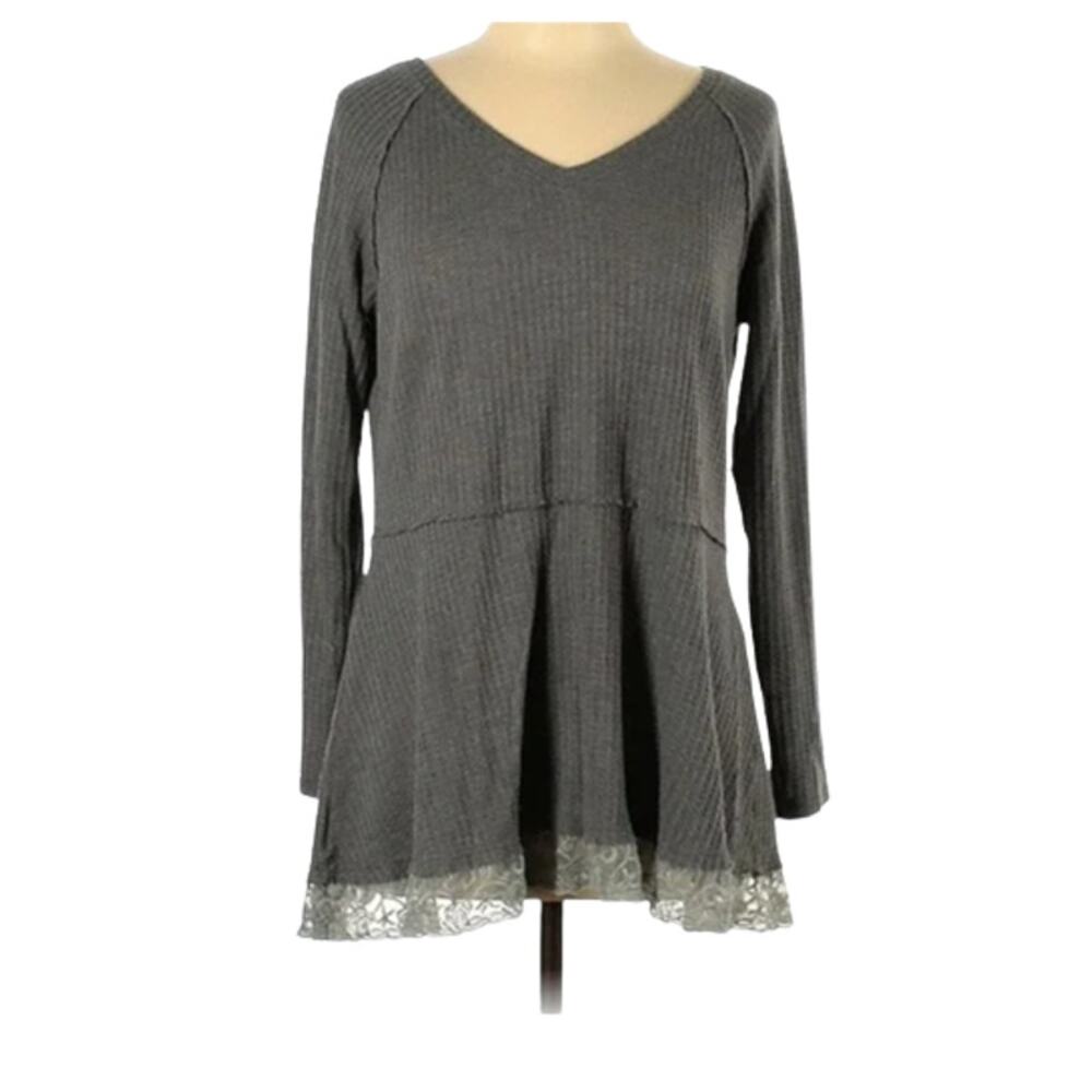 Merokeety Gray Thermal And  Lace Long Sleeve Tunic Top Size Large - Picture 2 of 9